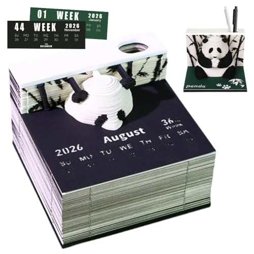 Calendario 3D da Strappare Panda 2026, Calendario da Tavolo Panda con Blocco Note, Calendario...