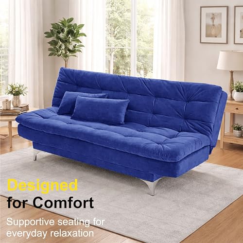 Image of Modern 3 Seater Sofa Cum Bed with Cushions, Foldable Convertible Couch, Velvet Fabric Sleeper Sofa for Living Room, Guest Room, Blue