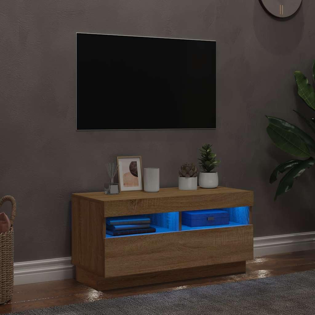 vidaXL Meuble TV avec Lumières LED, Armoire de Télévision, Meuble Télé de Salon, Armoire Basse Salle de Séjour Intérieur, Moderne, Chêne Sonoma