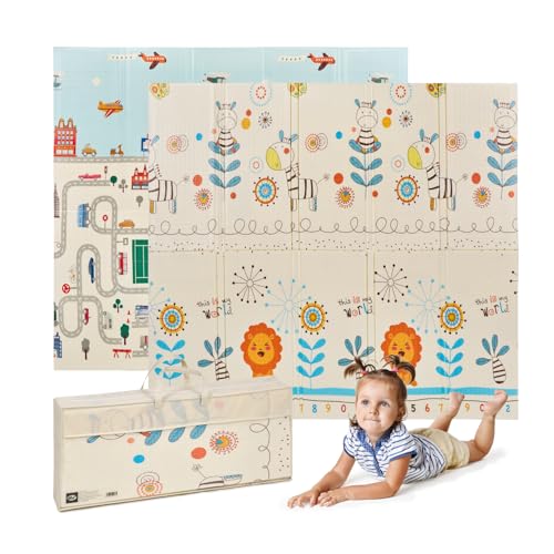 MS Fancy Tapete de jogos para bebé, 180 x 200 cm, frente e verso, tapete muito acolchoado (1,5 cm de espessura), dobrável e com saco de transporte