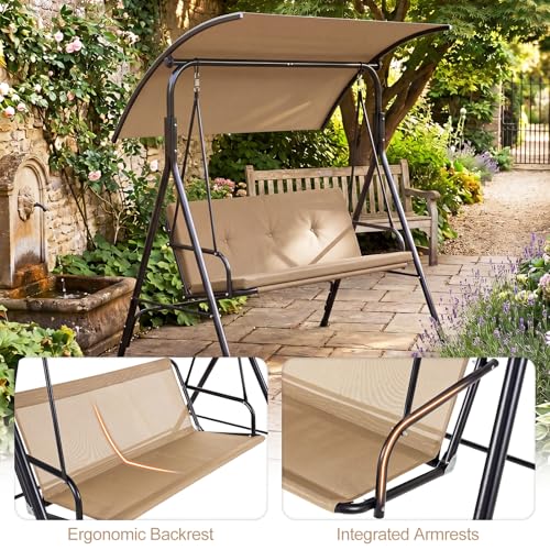 Image of Tangkula 2 Person Porch Swing, Outdoor Swing with Removable Cushions, Solid Metal Structure, Patio Swing with Adjustable Canopy for Garden, Backyard, Balcony, Poolside