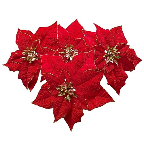 M2cbridge Artificial Christmas Flowers Red Velvet Poinsettia Floral Picks for Christmas Wreath Tree Ornaments(6pcs Large Red) - Image 2