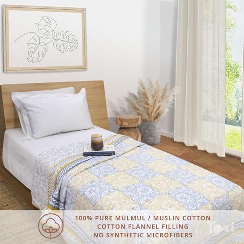 Image of TOAIArt Premium Jaipuri Dohar | AC Blanket Summer Quilt | Hand Block Printed | 3 Layers | Reversible | 150GSM 100% Mulmul Cotton | 100% Cotton Flannel Filling | Single 60 inch X 90 inch |Yellow Grey Jharokha