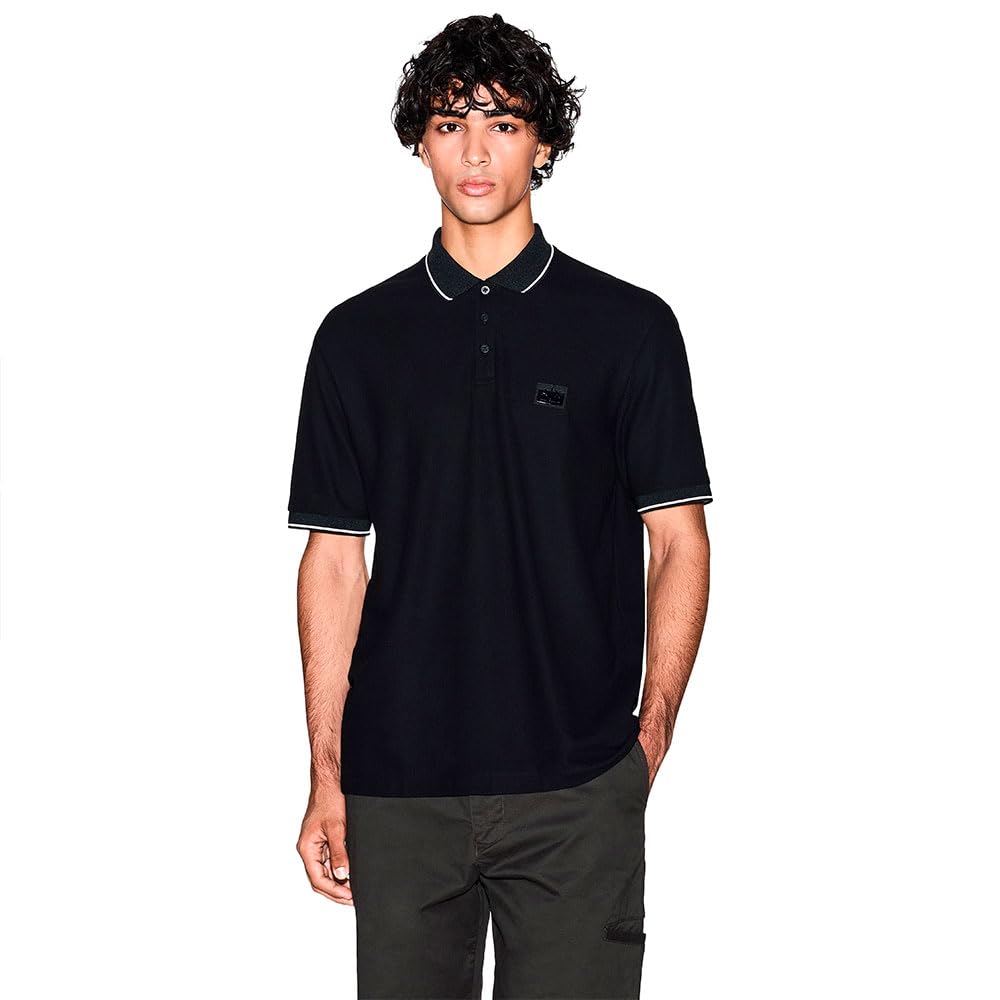 Armani Exchange Men's Black Short-Sleeved Side Logo Patch Three-Button Collar Polo Shirt, Xl