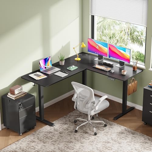 Image of DEVAISE 63 Inch L Shaped Electric Standing Desk, 3 Adjustable Computer Desk for Home Office, Ergonomic Sit to Stand Desk with LED Touchscreen,Headphone Hook, 3 Memory Preset, with Split Top, Maple
