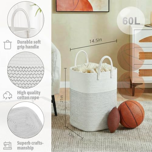 Image of Laundry Basket,Woven Cotton Rope Laundry Hamper,Versatile Storage for Dirty Clothes,Baby Toys,and Blankets in Bathroom, Nursery,and Living Room (White, 60L)