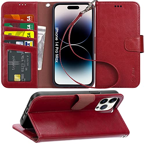 Arae Compatible With Iphone 14 Pro Max Case Wallet Flip Cover With Card Holder And Wrist Strap For Iphone 14 Pro Max 6.7 Inch-Wine Red #TOP5