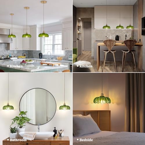 Image of Shenmoyl Pendant Light with Green Scindapsus Glass Lmapshade, Brass Vintage Pendant Light Adjustable Hanging Light for Kitchen Island Dining Room Hallway