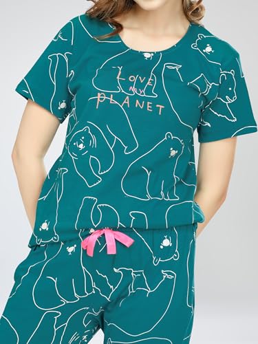 Image of ZEYO Night Suit for Women's Polar Bear Printed Cotton Night Dress of Top and Pajama Set 5776