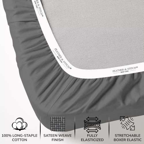 Image of Feather & Stitch 500 TC Split King Size Sheet Set, 5 piece Bed Sheets Set-2 Twin Fitted Sheet, 1 King Flat Sheet & 2 King Pillowcases, 18 inch Deep Pockets Sateen Weave Solid Bedsheet - (Charcoal Slate)