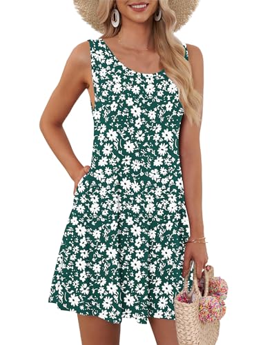AUSELILY Sommerkleid Damen Rundhals Knielang Freizeitkleider Strand Trägerkleid mit Taschen Grüne Blumen L
