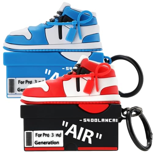 [2Pack] Compatible Airpods Pro 3 Case (2025) 3D Cute Cartoon Shoe Box Soft Silicone Protective Cases for Apple AirPods Pro 3rd Generation Case Airpod Pro 3 Cover with Keychain for Women Men Red+Blue
