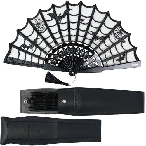 Kaitiaki Goth Folding Fan - Black Lace Handheld Fan with Spooky Spider Web Design, Gothic Accessories, Coffin Carrying Sleeve, High Airflow Fabric, Perfect for Halloween Costume