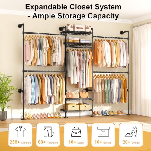 Image of ULIFHOME M7 Wall-Mounted Clothes Rack, Heavy-Duty Garment Closet System | Metal Clothing Storage Organizer with Shelves and Expandable Hangers, (66.5-100.7) inchL x 11.8 inchD x 86.6 inchH for Hanging, Black