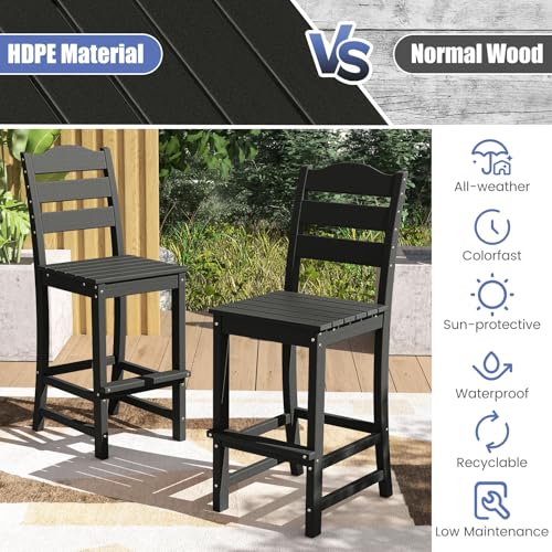 Image of Tangkula Patio HDPE Barstool, Outdoor High Top Bar Chair w /Backrest & Footrest, All-Weather Wood-Plastic Bar Height Chair for Poolside, Backyard, Porch (1, Black)