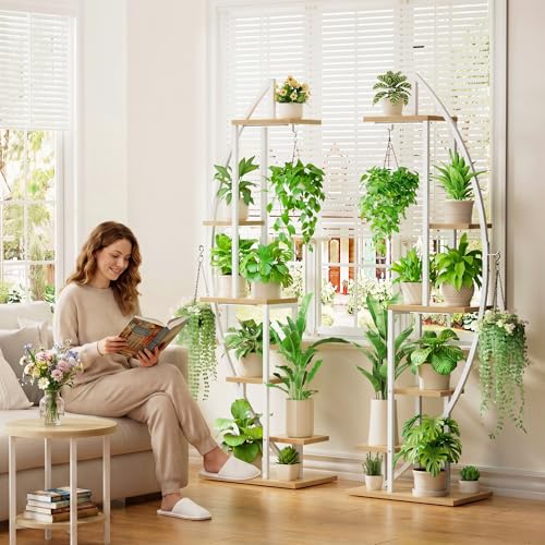 Image of BACEKOLL Plant Stand Indoor with Grow Lights, 6 Tiered Tall Plant Shelf, 63 inch Metal Plant Stand for Indoor Plants Multiple, Half-Moon Plant Rack Display Shelf, 2 Pcs Plant Holder for Living Room, White