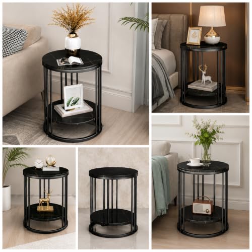 Image of Modern Double-Top Coffee Table with Rustic Farmhouse Accent, Multipurpose Living Room Bedroom, Two-Tier Small Sofa Side Bedside Table with Metal Frame Nightstand (Full Black)