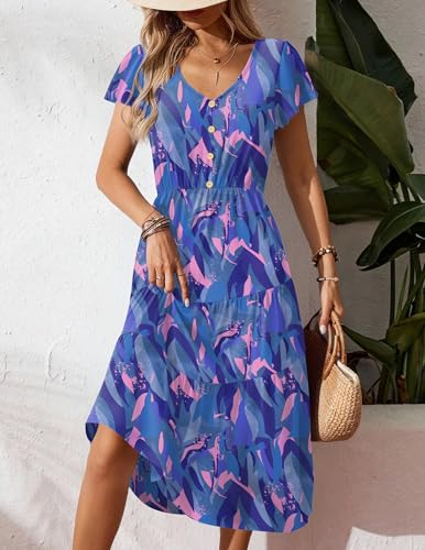 Image of Zeagoo Women's Summer Casual Dress Flutter Short Sleeve V Neck Button Down Tiered Flowy Long Dress with Pockets