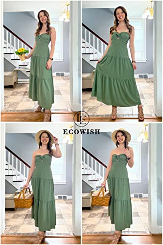 Image of ECOWISH Womens Summer Strapless Smocked A Line Maxi Dress | Off Shoulder Hollow Out Tiered Long Dresses Beach Party Vacation Wear