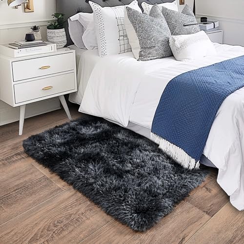 Small Area Rug, 2x3 Rug for Bedroom Shaggy Throw Rugs for Dorm Rug, Soft Tie Dyed Carpet for Kids Room, Plush Comfy Fluffy Bedside Rug for Home Decor Aesthetic, Dark Grey
