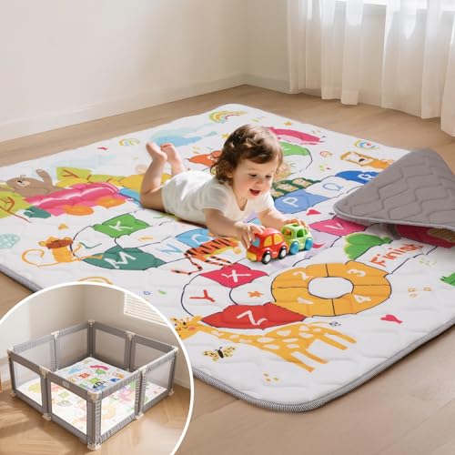 Image of Duwenem Baby Play Mat for Floor,50x50 Inch Soft Padding Crawling Mat, Foldable and Machine Washable, Thick for Babies & Toddlers,Animal School
