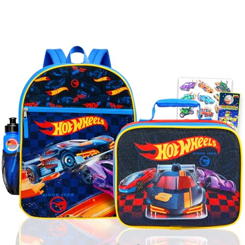 Hot Wheels Backpack with Lunchbox for Boys Set - Bundle with 16 Racecar Backpack Lunch Box Water Bottle Tattoos More | Hot Wheels School Bag for Kids
