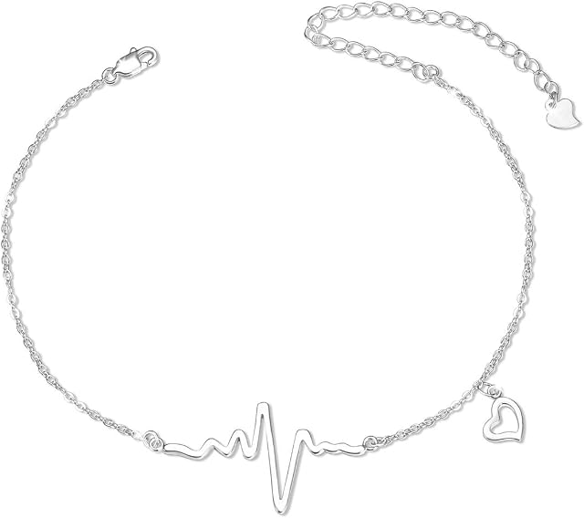 SHEGRACE Heartbeat Shape Anklet 925 Sterling Silver Anklet with Love Heart Charm Anklet for Girls 210+80mm, for Anniversary Chirstmas Birthday Gift