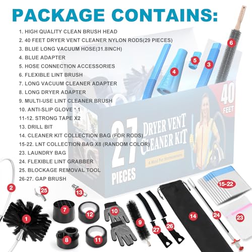 Sealegend HZ1 27-Piece Dryer Vent Cleaner Kit Omnidirectional Include 40Feet Dryer Vent Brush Blue Dryer Vacuum Attachment Lint Brush Vacuum&Dryer Adapter thumb #5