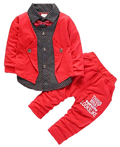 Baby Boys Clothing Set Infant Formal Suits Long Sleeve Children Flower T Shirt Pants Kids Toddler Tops Outfits (Red, 6-12 Months)