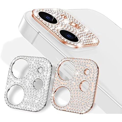Naiadiy 2 Pack Bling Crystal Diamonds Camera Lens Protector for iPhone 11 / iPhone 12 Mini, Alloy Metal Scratch-Resistant Abrasion-Resistant Camera Lens Protection (Silver+Rose Gold) Cover