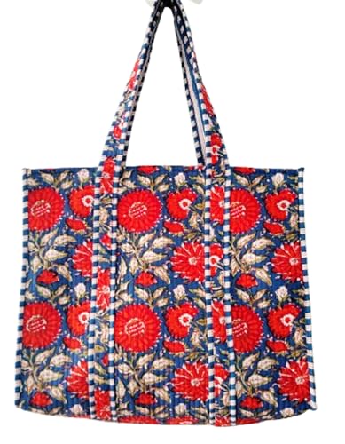 Cotton Quilted Tote Bag Hand Block Print Bags Shopping Shoulder Handbag Travel Market Daily Use