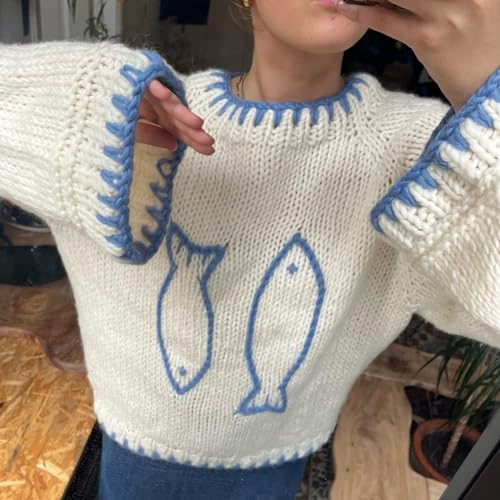 Women Lobster Knit Sweater Y2k Long Sleeve Crewneck Oversized Graphic Sweatshirt Cute Preppy Chunky Streetwear4