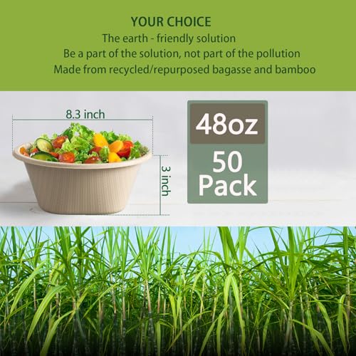 Homestockplus 32 Oz Deep Disposable Bowl, Paper Bowls Disposable Heavy Duty Compostable Bowls, Eco-friendly Sugarcane Bagasse Biodegradable Bowl for Soup, Salad, Dessert [50 Pack] - Thumbnail 2