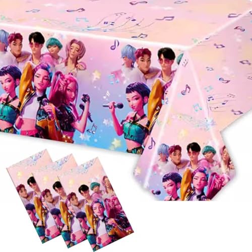 Luckyliz 3PCS Demon Hunters Birthday Tablecloth Decorations Plastic Waterproof Tablecloths Pink Cartoon Party Supplies for Boys Girls Fans Concert Birthday Party