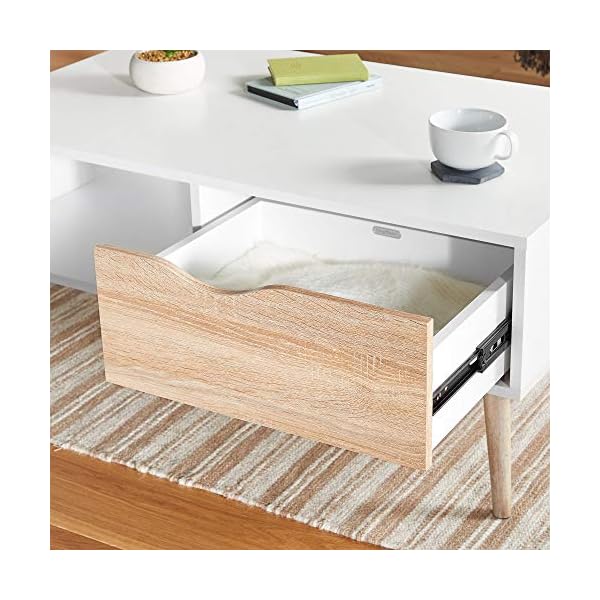 VonHaus White Coffee Table with Storage - Coffee Tables for Living Room with Light Oak Effect, Shelf & Soft Close Drawer, Modern Scandi Furniture, 99x60x43cm - Image 5