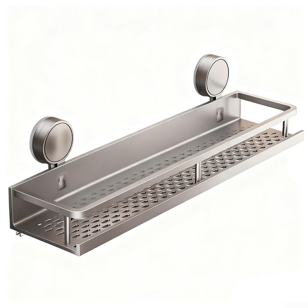 EcoLivzen Shower Shelf with Enhanced Suction Power, Aluminum Construction, Towel Bar, and Hooks for Efficient Bathroom Storage (50cm)