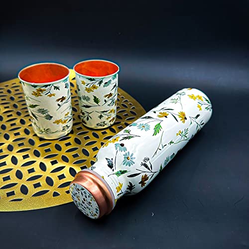 Image of Copper Water Bottle 1 Ltr | Copper Water Bottle with Glass Set | Meena Work | 100% Pure | Leak-Proof | 2 Water Glass 300ml each | Best for Gifting (Leaf Design - 1)
