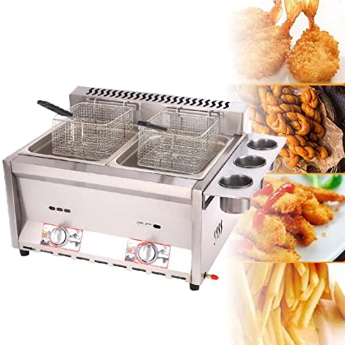 Gewerbliche Gas Fritteuse, Edelstahl Fritteuse, 12L Gas Fritteuse,mit Korb und Deckeln Edelstahl-Arbeitsplatte mit Metallrohr-Fritteuse Hähnchenchips Fritteuse
