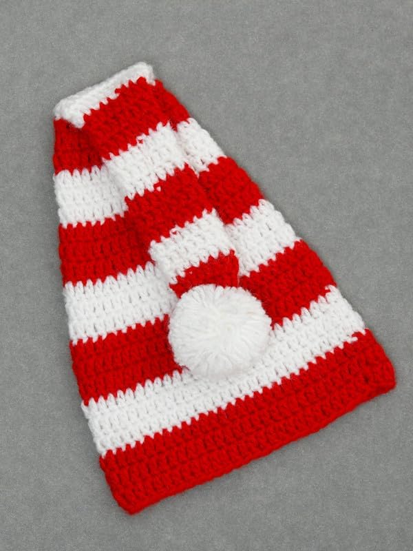 Image of Handmade Knitted Self Design Woolen Beanie Cap for Kids - White & Red 6-12 M | Winter Cap for Baby | FUNCAP56-6-12 M