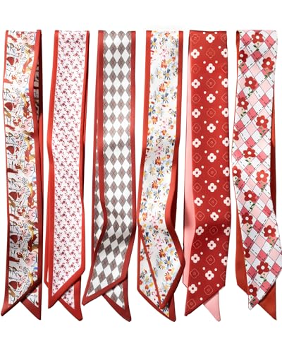 ZXZH 6 Pack Fashion Scarves for Women Versatile Boho Head Scarf Satin Scarf for Hair Neck Wrist and Purse Accessories (Red)