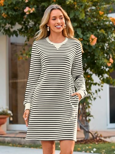 Glamaker Women Tshirt Shift Dress Casual Striped Long Sleeve Crew Neck Knee Length Comfy Midi Dress with Pockets2