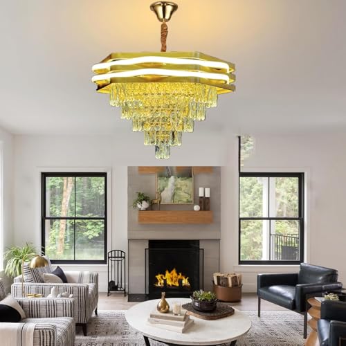 Image of SINOMAN Modern Gold Crystal Chandelier for Living Room Luxury LED Ceiling Light Fixture Tiered Glass Droplets, Contemporary Glam Lighting for Home, Dining Room, Foyer, or Bedroom (500MM)