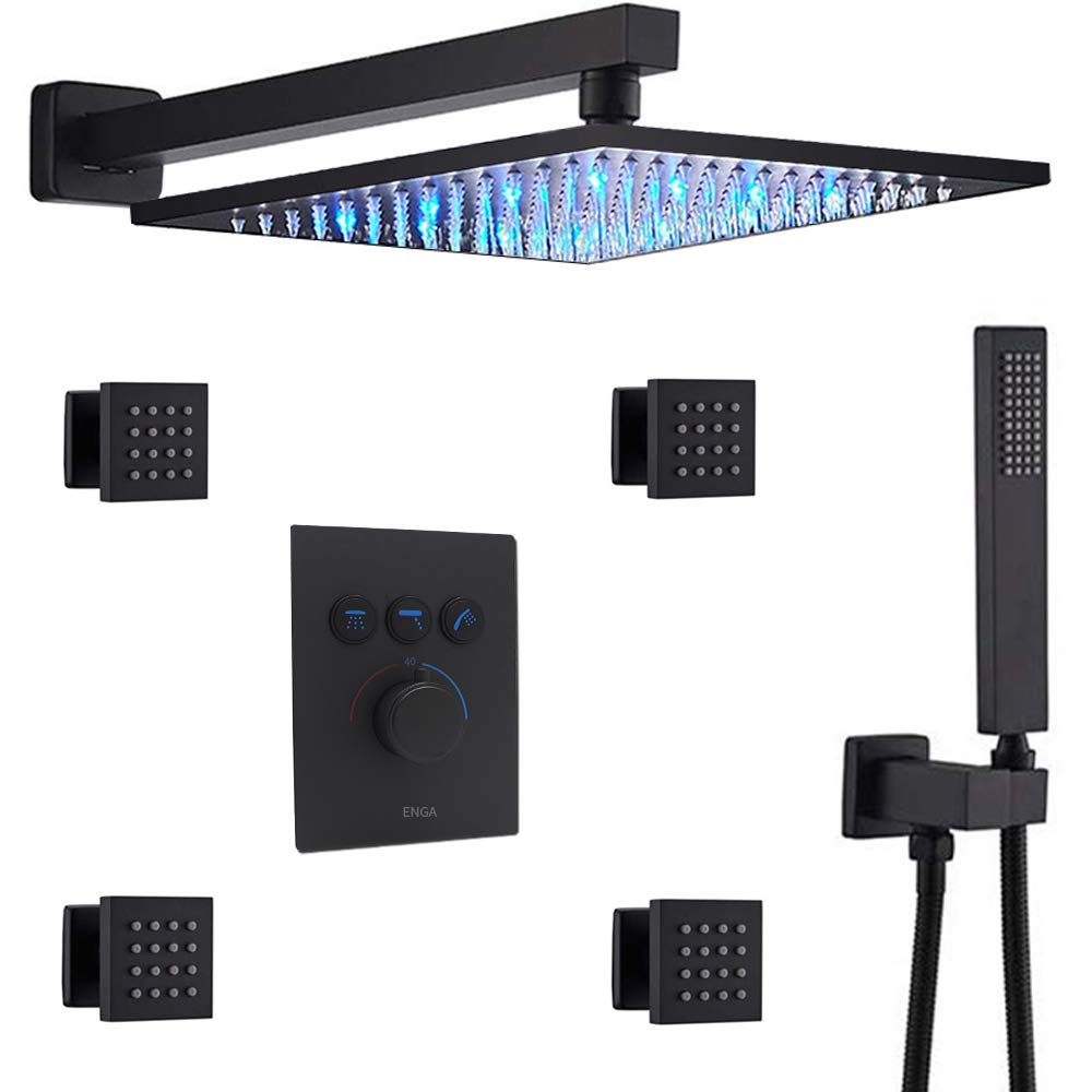 Enga Shower Jets System with Wall Mount 12 Inch Rain Shower Head and Handheld (Can Run All Together), Matte Black Thermostatic Brass Shower Faucet Fixture Combo Set
