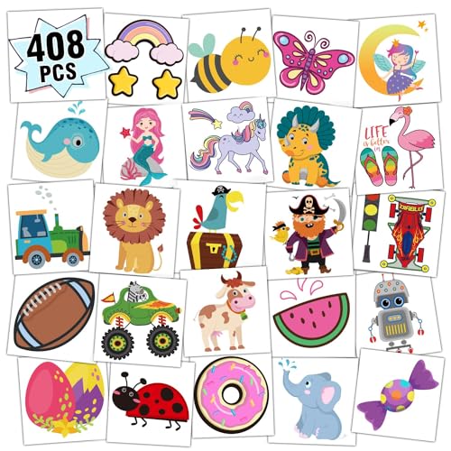 Partywind 408 PCS Kids Tattoos for Party Supplies, Individually Wrapped Sheet Temporary Tattoos Stickers for Kids Goodie Bag Stuffers, Fun Birthday Party Favors - Mixed