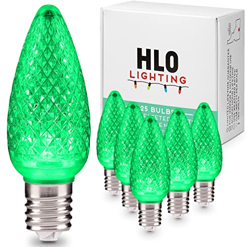 HLO Lighting Set of 25 Green C9 Faceted LED Christmas Light Bulbs for Indoor & Outdoor Use | Durable Replacement Bulb