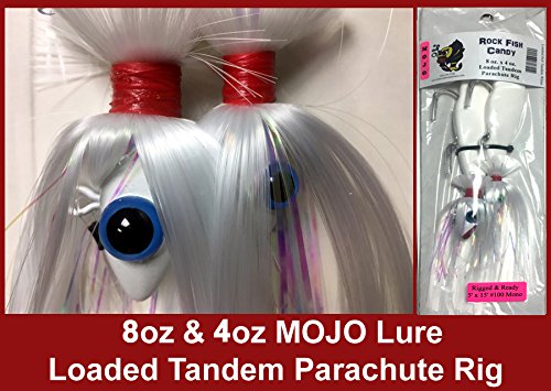 Blue Water Candy - Rock Fish Candy 8 Oz & 4 Oz Mojo Lure Loaded With 9-Inch Swimbait Shad Bodies Tandem Parachute Rigged & Ready (White) #TOP1