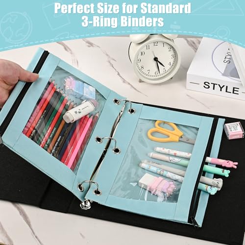 Image of Lanpn Pencil Pouch for 3 Ring Binder 6 Pack, Pastel Binder Pen Bags with Zipper, 3 Holes Pencil Holder Stationary Organizer for Boy Girl Kids School Student, Reinforced Grommets & Clear Window, Blue