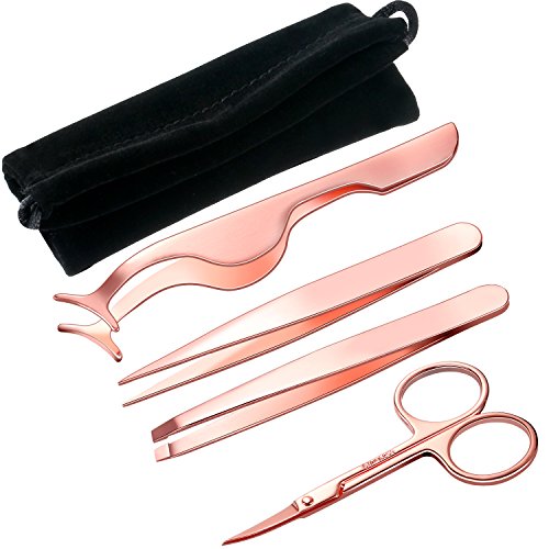 Jovitec Fake Eyelashes Applicator Tool, Slant Tip Hair Tweezers, Eyebrow Tweezers Eyebrow Scissors, 4 Pieces with Black Velvet Bag (Rose Gold)