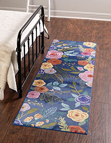 Rugs.com Blossom Collection Rug – 6 Ft Runner Blue Medium Rug Perfect for Hallways, Entryways