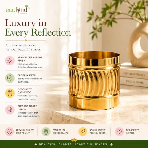 Image of ecofynd 1 Pack Metal Plant Pots (6 inch), Indoor Small Planter Flower Pots, Home Garden Decor Planter for Living Room Bedroom Interior (Gold Finish, POT050)